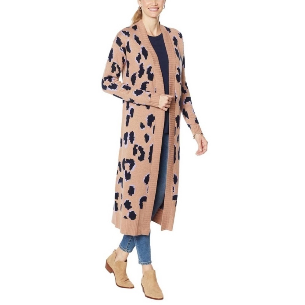 G by Giuliana Duster Cardigan Leopard Print Brown Black Knit Sweater Lilac Large